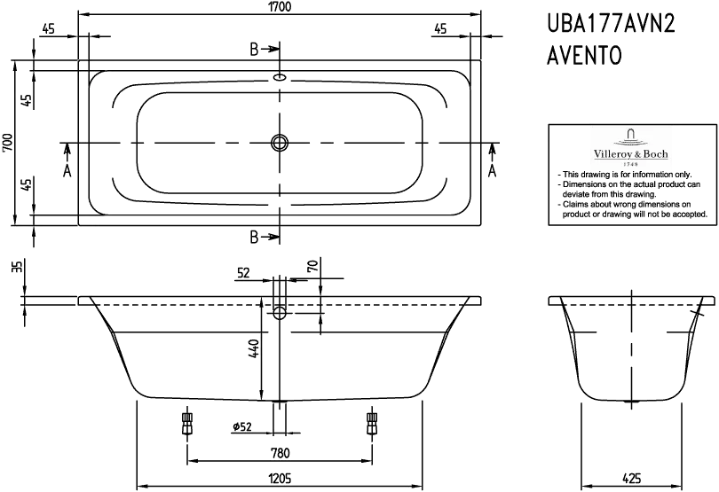 Villeroy & Boch Badewanne „Avento“ rechteck 170 × 70 cm, Mittelablauf