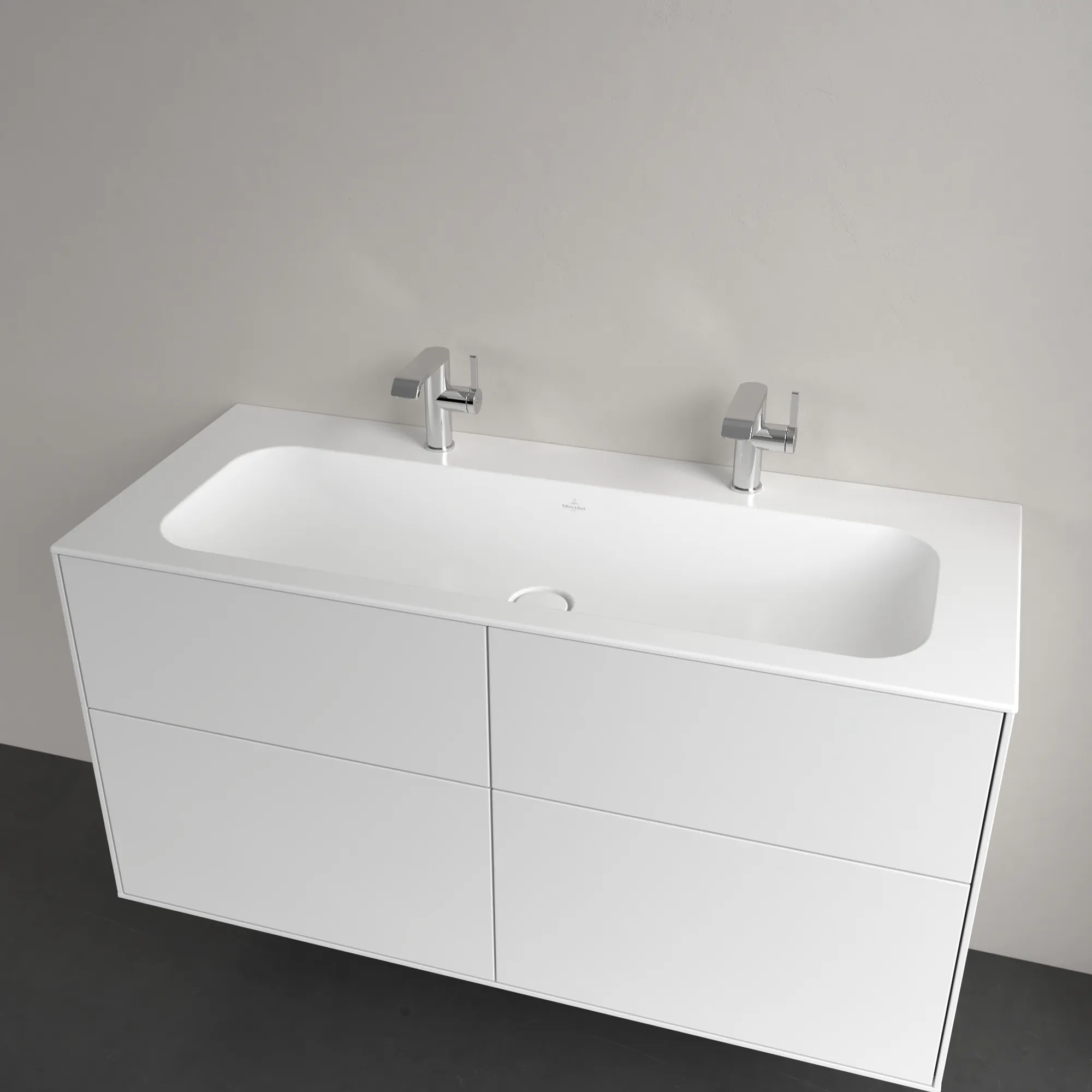 Villeroy & Boch Schrankwaschtisch aus TitanCeram „Finion“ 1200 × 500 × 160 mm, Hahnlochposition links und rechts, mit Hahnlochbohrung in Stone White, mit CeramicPlus Villeroy & Boch Schrankwaschtisch aus TitanCeram „Finion“ 1200 × 500 × 160 mm, Hahnlochposition links und rechts, mit Hahnlochbohrung in Stone White, mit CeramicPlus