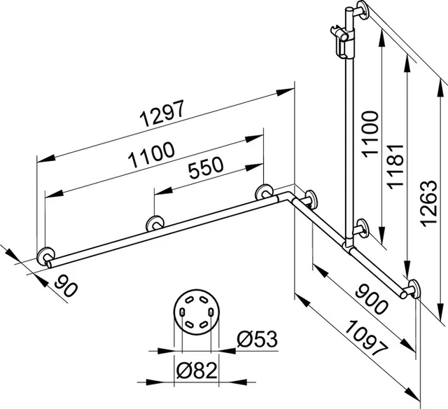 Plan Care 34915011911 Duschhandlauf mit Brausestange rechts/links 1297/1097/1263 mm verchromt