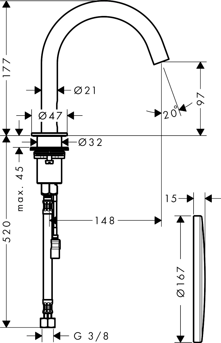 Hansgrohe AXOR Uno Waschtischmischer Elektronik, Chrom, Ausladung 148 mm, Normalstrahl, max. Durchfluss 3,5 l/min, Infrarot-Näherungselektronik mit einstellbarer Reichweite
