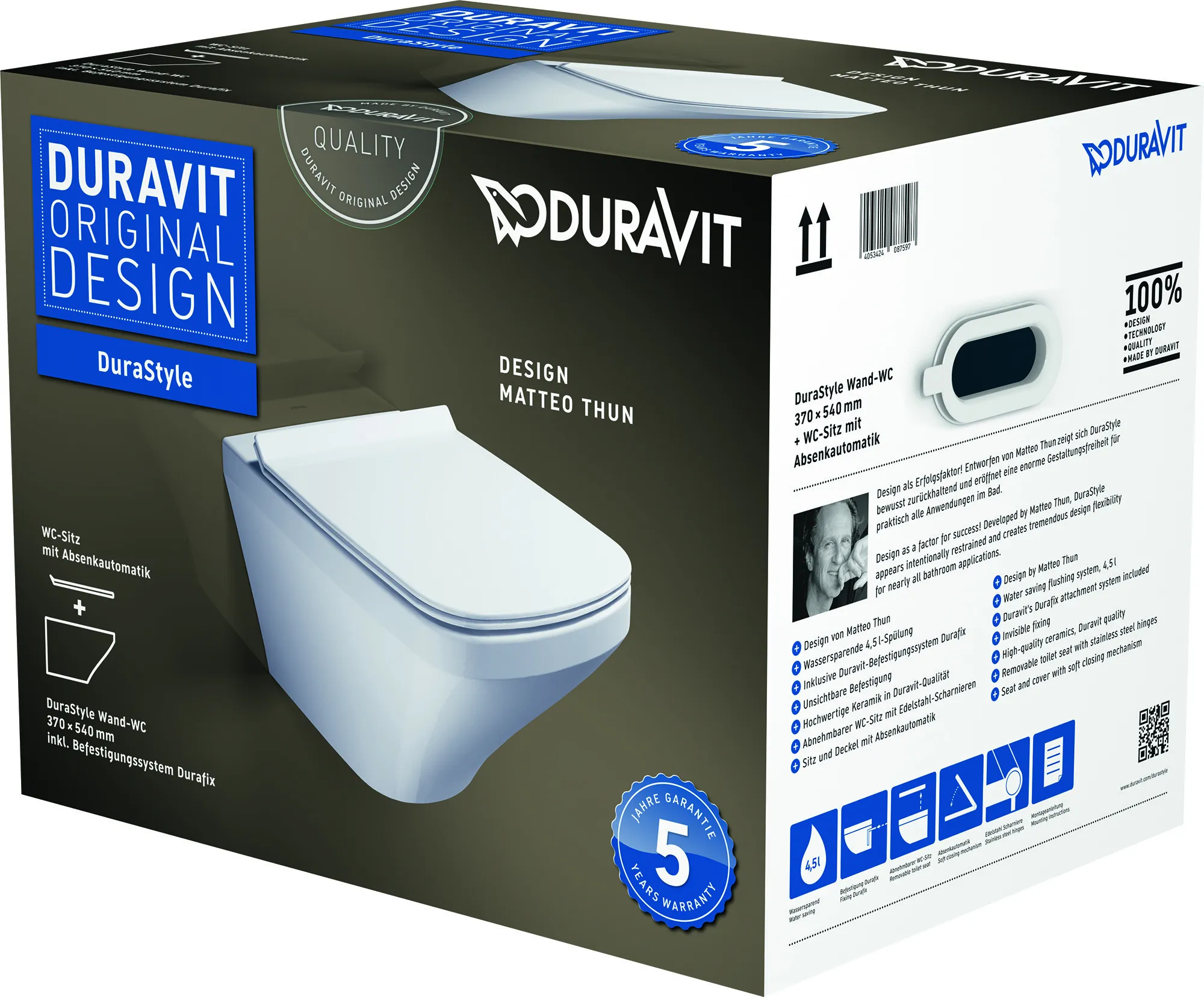 Duravit Wand-Tiefspül-WC inkl. WC-Sitz „DuraStyle“ 37,4 × 54 × 38,8 cm, Befestigung sichtbar