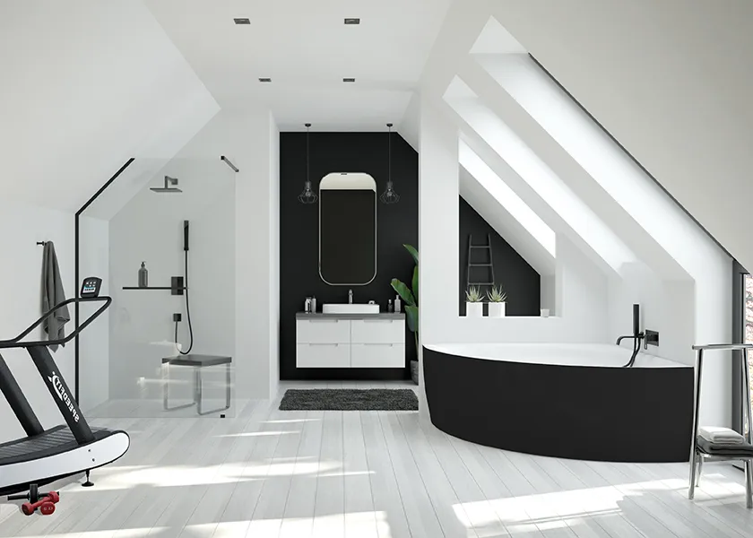 Hoesch Badewanne „iSensi“ Monolith eck 150 × 150 cm, mit Schürze in Weiß-Schwarz Hoesch Badewanne „iSensi“ Monolith eck 150 × 150 cm, mit Schürze in Weiß-Schwarz