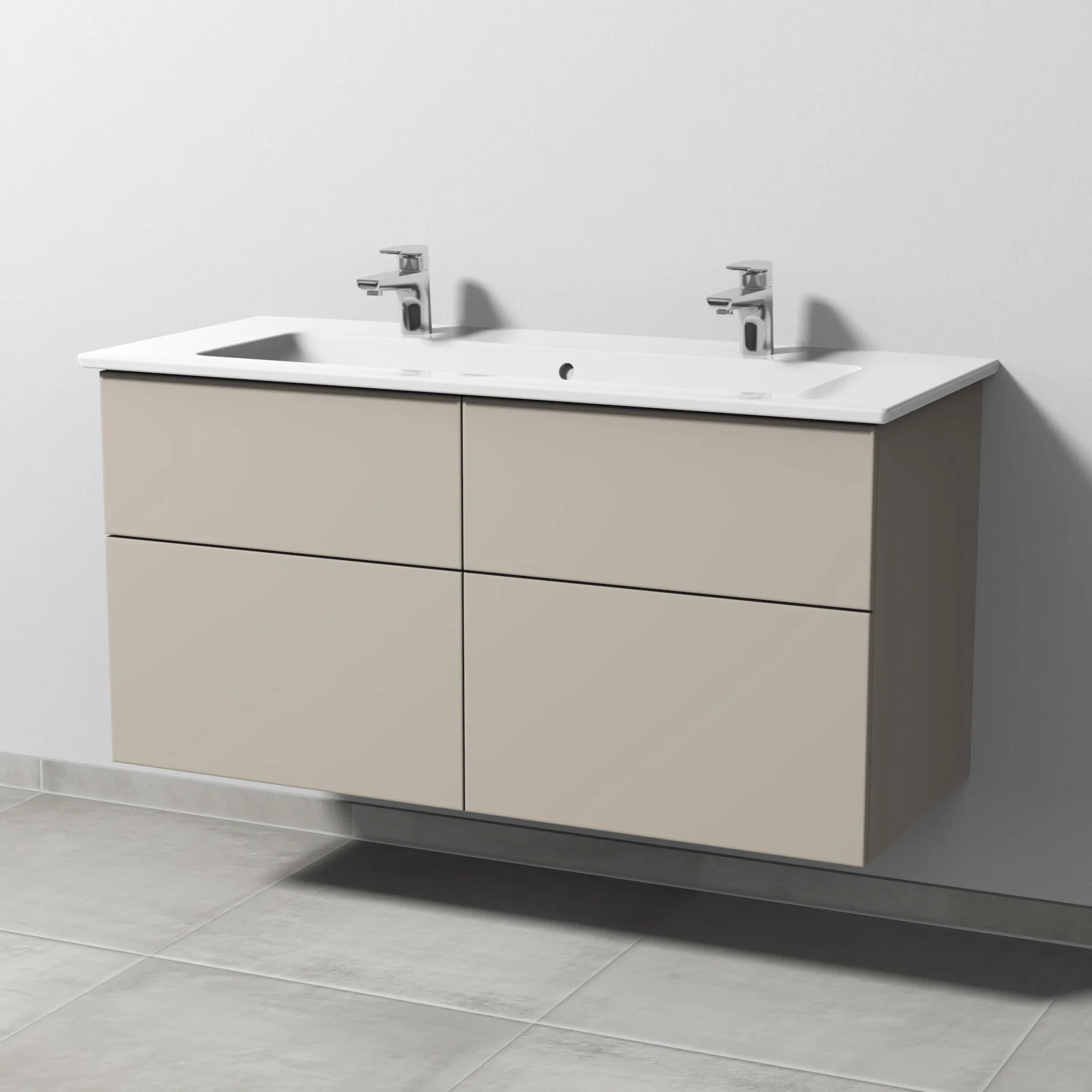 Keramik-Waschtisch-Set mit Waschtischunterschrank „3way“ 115,5 × 47,7 × 59,1 cm in Kaschmir (matt), mit Hahnlochbohrung, Becken mittig Keramik-Waschtisch-Set mit Waschtischunterschrank „3way“ 115,5 × 47,7 × 59,1 cm in Kaschmir (matt), mit Hahnlochbohrung, Becken mittig