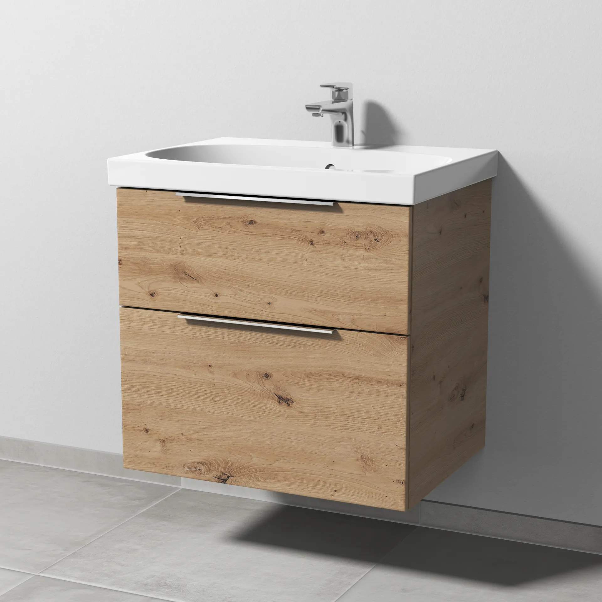 Sanipa Waschtischunterschrank „3way“ passend zu Keramik-Waschtische Acanto von Geberit 620 × 586 × 467 mm in Eiche Natural-Touch, mit Hahnlochbohrung,