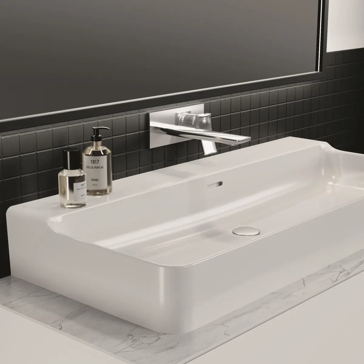 Wand-Waschtischarmatur Conca, Bausatz 2, eckige Rosette, Ausladung 220mm, Brushed Gold Wand-Waschtischarmatur Conca, Bausatz 2, eckige Rosette, Ausladung 220mm, Brushed Gold