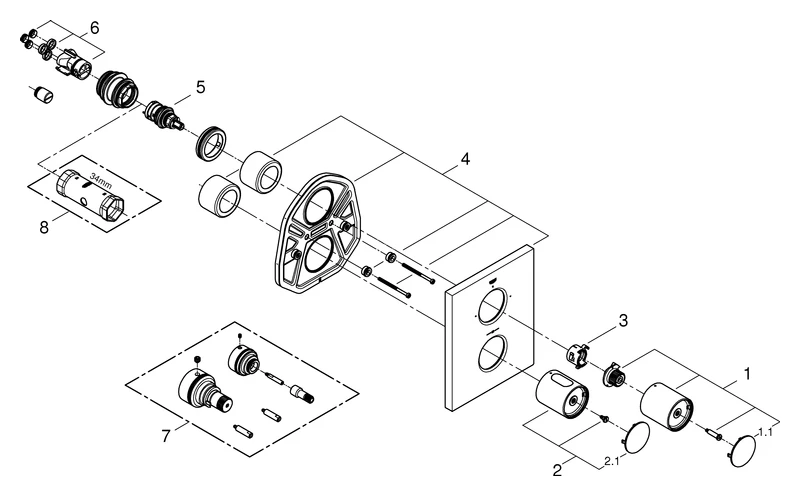 Thermostat Grohtherm F 27618, mit integrierter 2-Wege Umstellung, für Wanne oder Brause mit mehr als einem Abgang, Fertigmontageset für Rapido T 35 500, ohne Unterputz-Einbaukörper, chrom