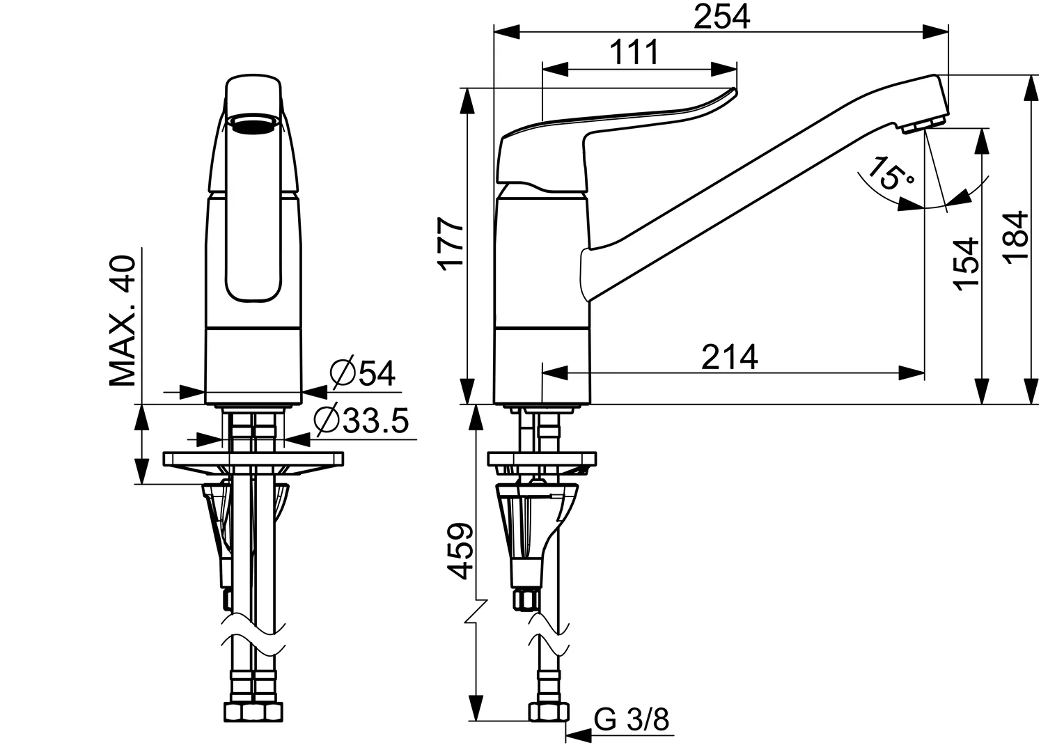 HansaCARE Einhebelmischer Küchenarmatur HansaCARE 4610 Bedienungshebel lang Ausladung 214 mm DN15 Chrom