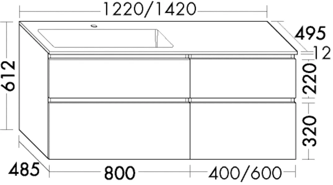 Mineralguss-Waschtisch inkl. Waschtischunterschrank, Mineralguss-Waschtisch;Beckenmaß 685x295 mm;Muldentiefe: 100 mm;Waschtischunterschrank;1 Schublade oben, 350 mm tief, mit Siphonausschnitt und Inneneinteilung;1 Schublade oben, 350 mm tief;2 Auszüge un