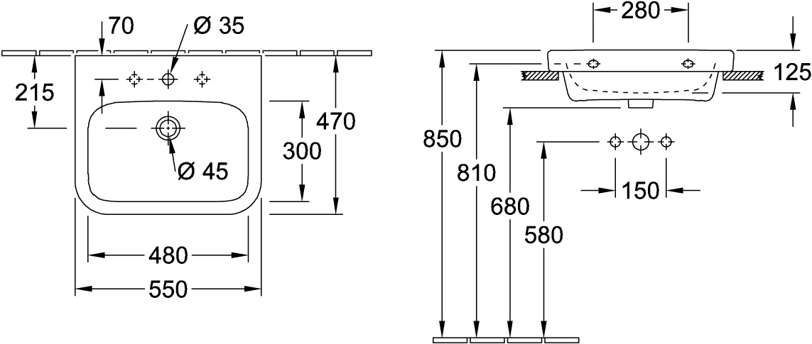Waschbecken Architectura 41885G, 550 x 470 mm, Rechteck, 1HL. mittleres Hahnloch durchgestochen, mit Überlauf, geschliffen, Weiß Alpin