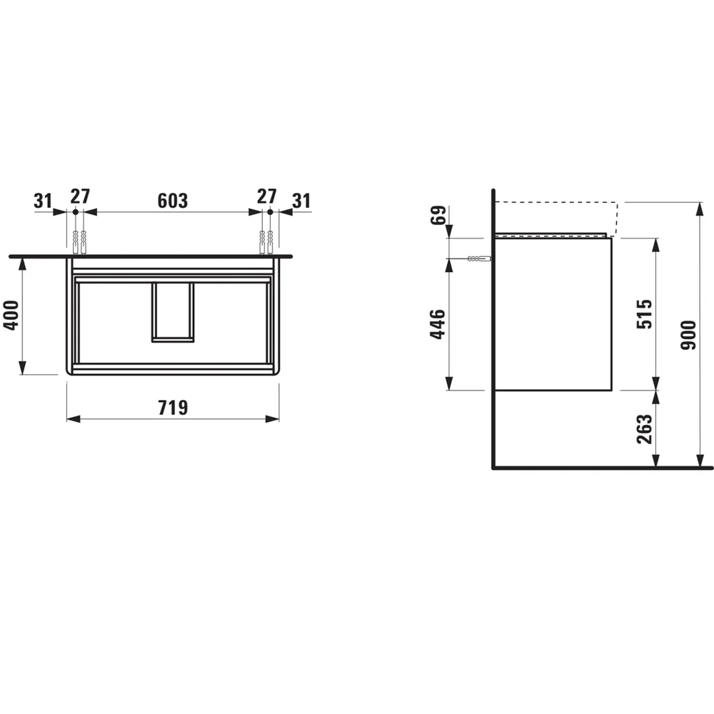 Waschtischunterbau BASE 2.0 für VAL 400x719x515 2 Schubladen mit Griffmulde für Waschtisch H810285 weiß matt