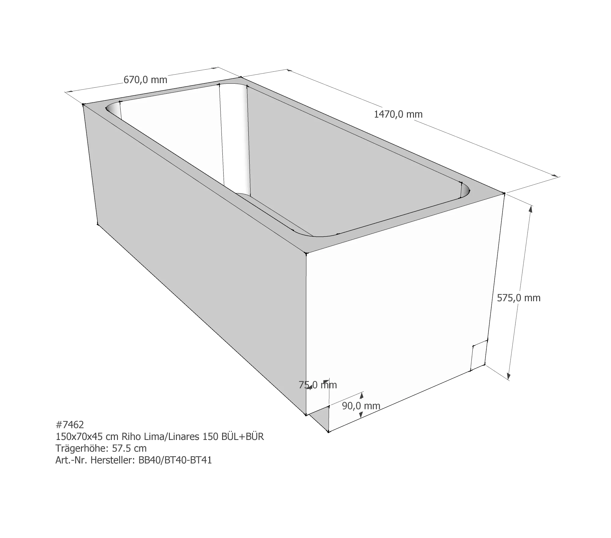 Badewannenträger für Riho Lima/Linares 150 150 × 70 × 45 cm