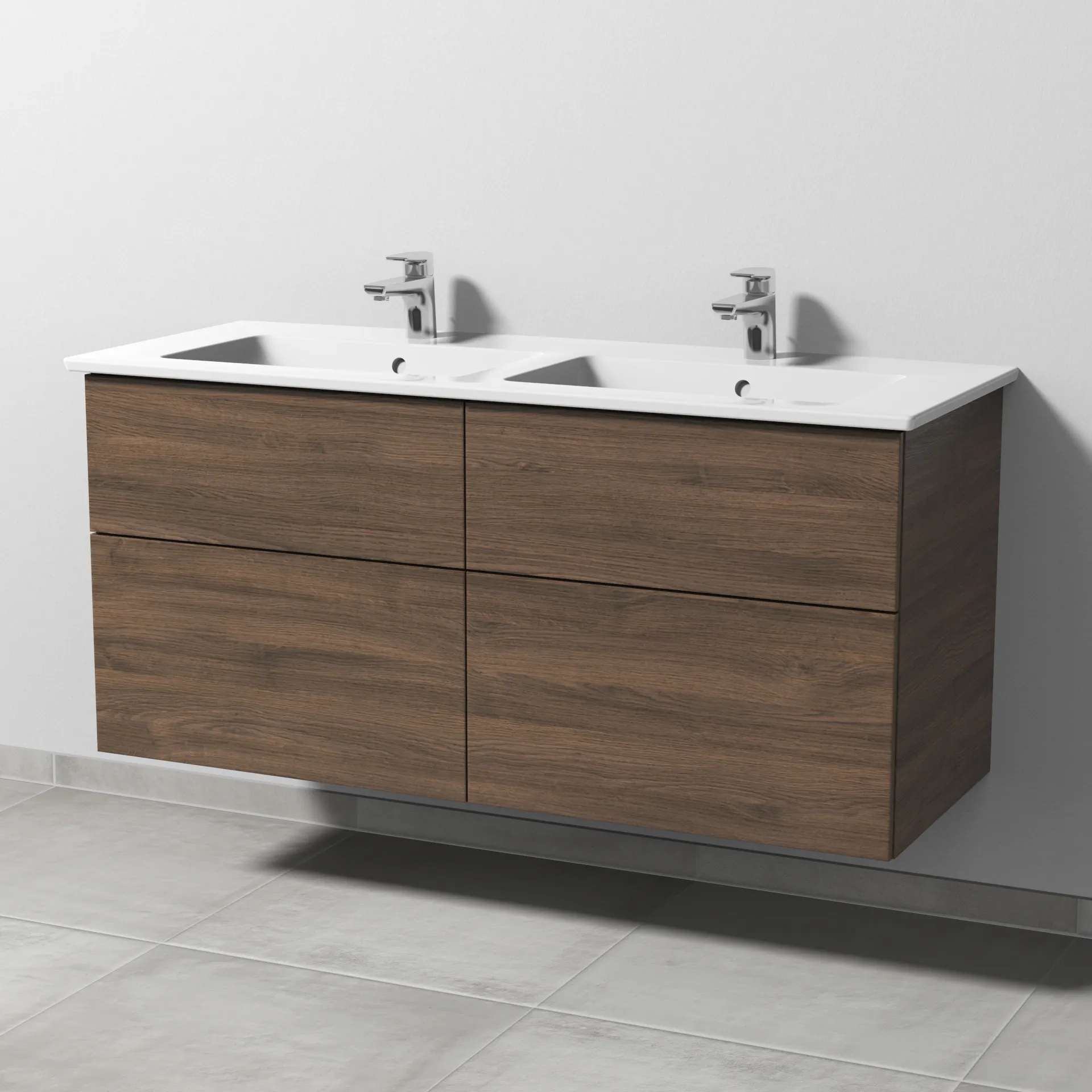 Keramik-Waschtisch-Set mit Waschtischunterschrank „3way“ 125,5 × 47,7 × 59,1 cm in Eiche Arizona, mit Hahnlochbohrung, Becken links und rechts
