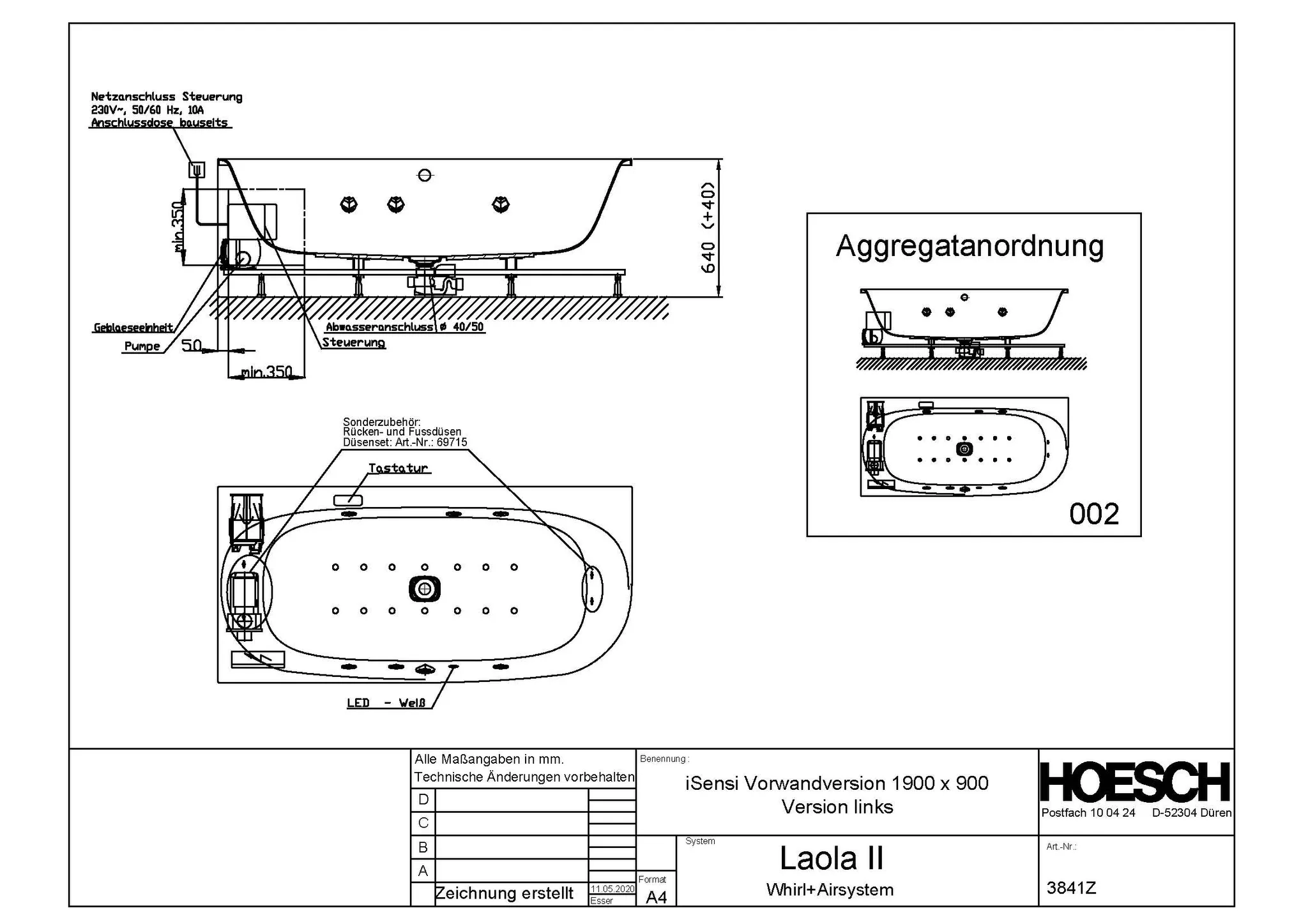 Hoesch Whirlwanne „iSensi“ mit Whirlsystem „Laola II“ eck, asymmetrisch 190 × 90 cm