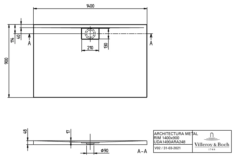 Villeroy & Boch rechteck Duschwanne „Architectura MetalRim“ 140 × 90 cm ohne Oberflächenbeschichtung, in Weiß Alpin