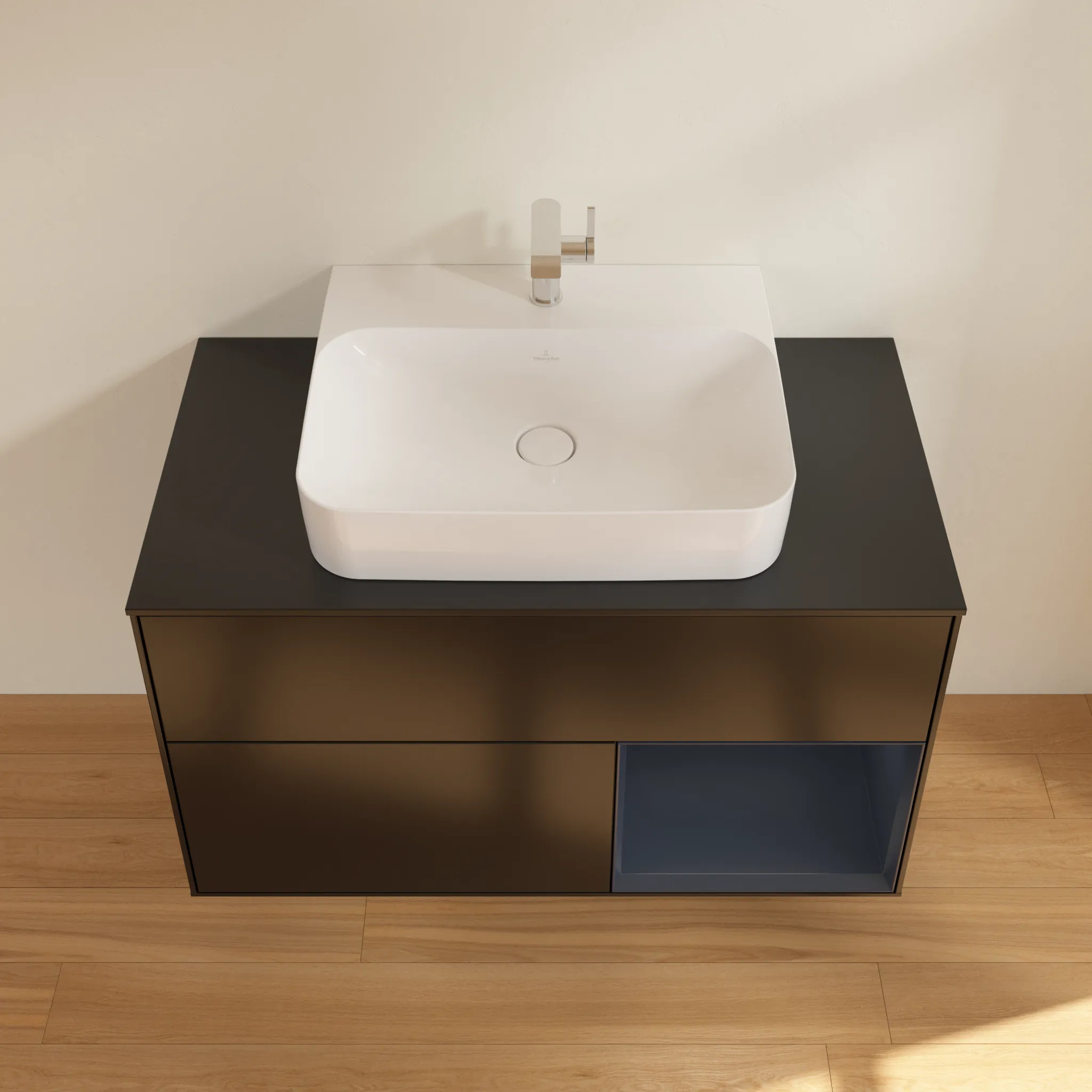 Villeroy & Boch Waschbeckenunterschrank Finion F12, 1000x603x501 mm, Black Matt Lacquer / Midnight Blue Matt Lacquer, mit Beleuchtung und Push-to-open Funktion
