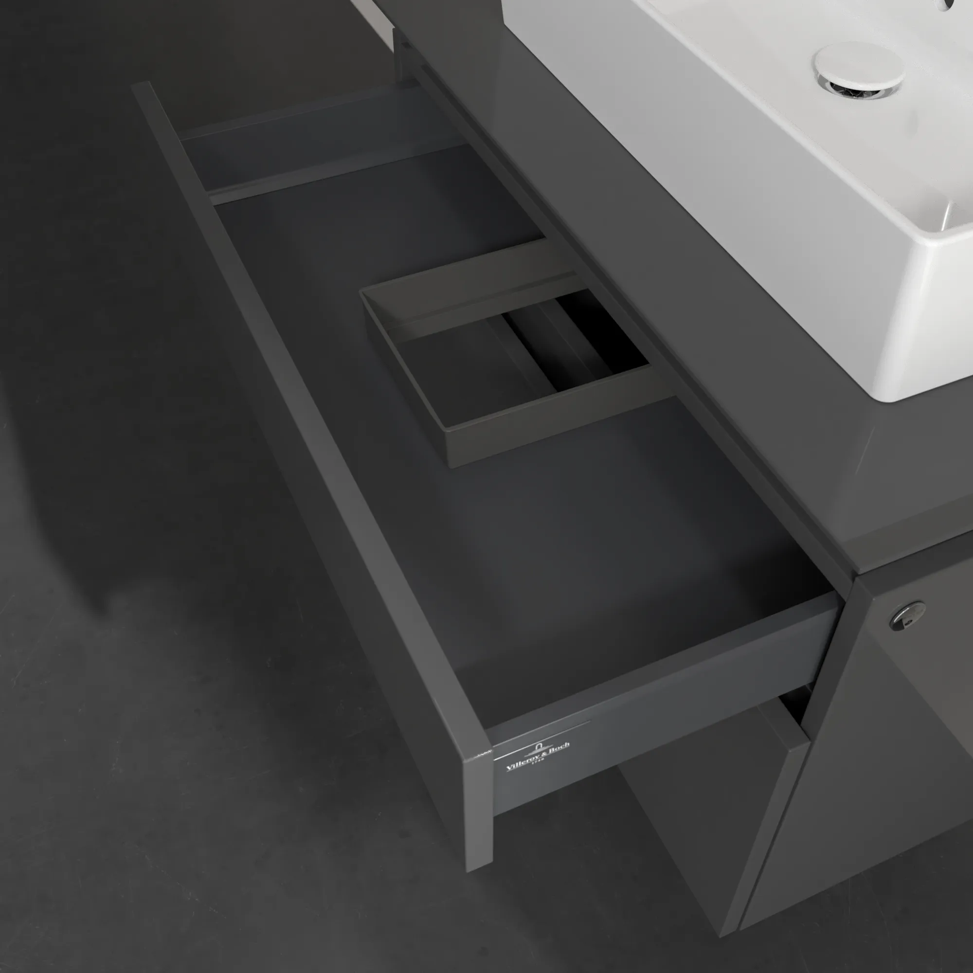 Villeroy & Boch Waschtischunterschrank „Legato“ für Schrankwaschtisch 800 × 550 × 500 mm Glossy Grey, für Becken mittig