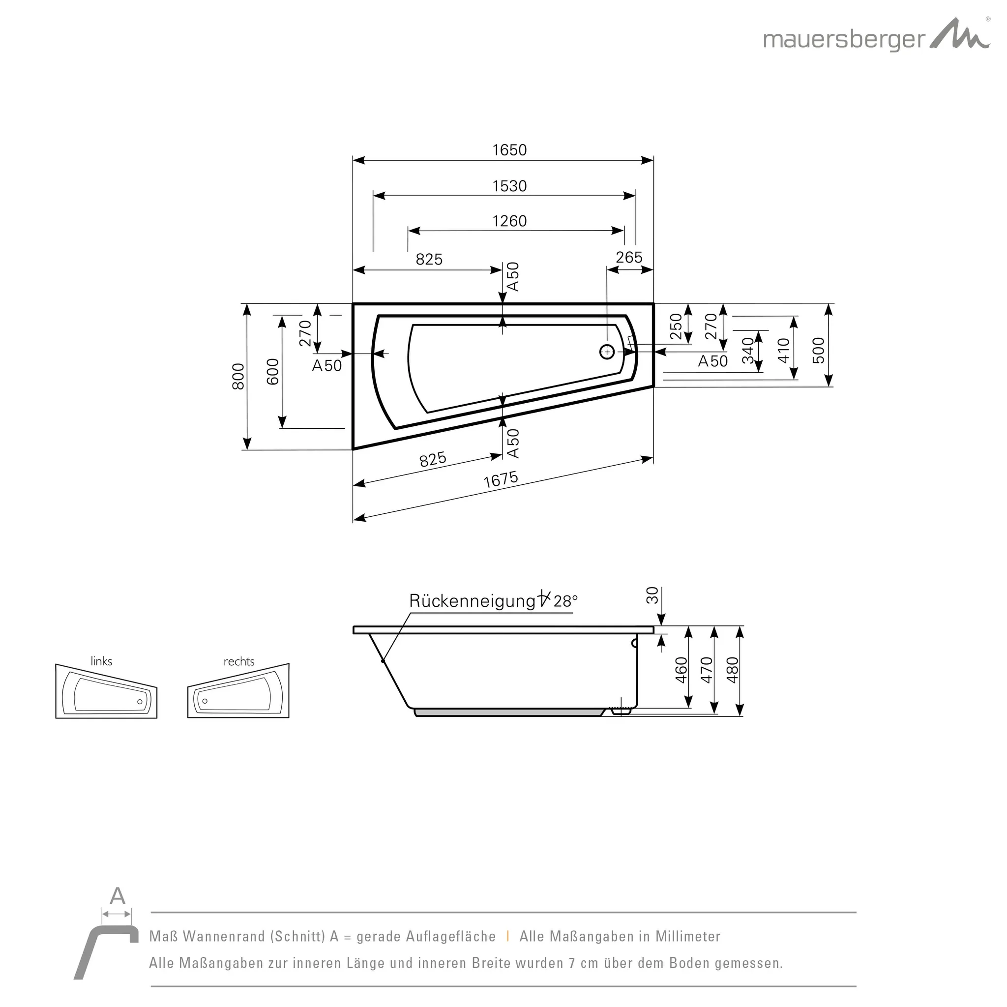 Mauersberger Acryl-Badewanne ascea 165⁄80 rechts, 1650x800x480, weiß Mauersberger Acryl-Badewanne ascea 165⁄80 rechts, 1650x800x480, weiß
