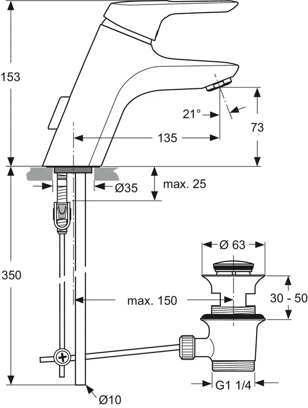Waschtischarmatur Ceramix Blue, mit Ablaufgarnitur, mit Kupferrohren, Ausladung 135mm, Chrom Waschtischarmatur Ceramix Blue, mit Ablaufgarnitur, mit Kupferrohren, Ausladung 135mm, Chrom