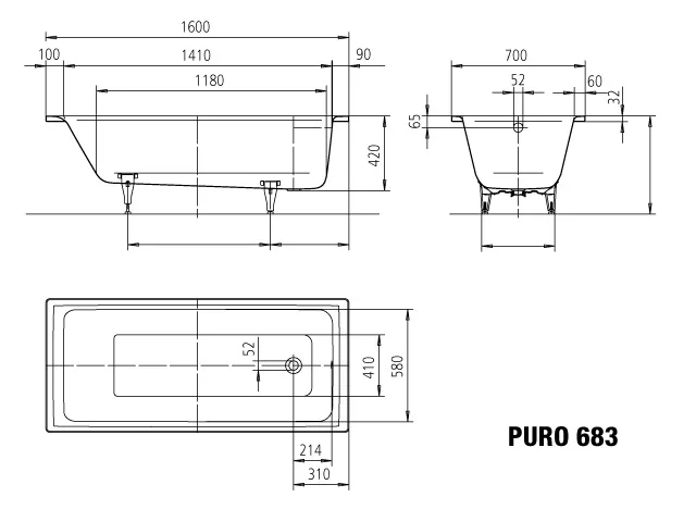 Kaldewei Badewanne „Puro“ rechteck 160 × 70 cm, ohne Grifflochbohrungen mit Überlaufbohrung, in alpinweiß