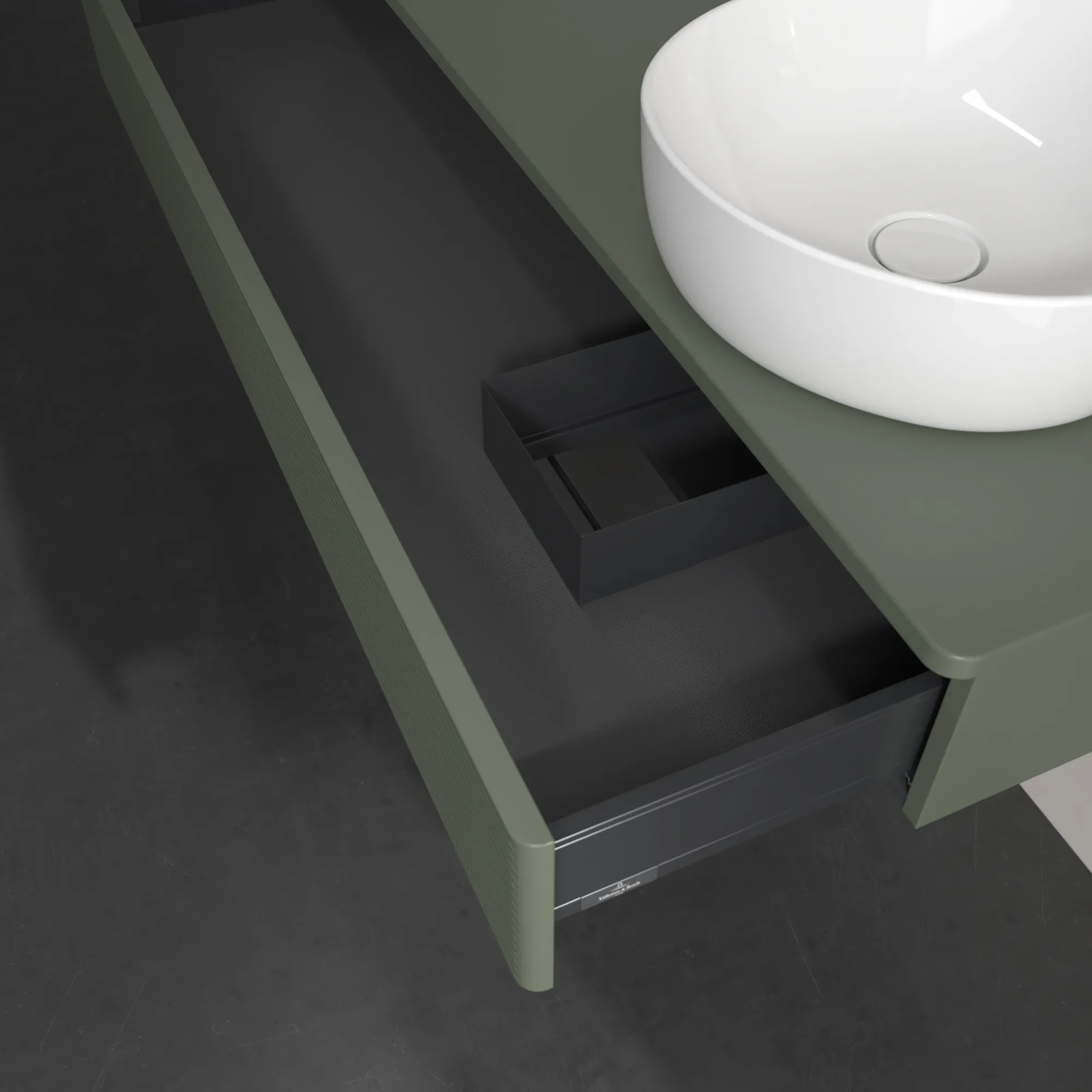 Villeroy & Boch Waschtischunterschrank „Antao“ 1200 × 190 × 500 mm Leaf Green Matt Lacquer, für Becken rechts, ohne Beleuchtung Villeroy & Boch Waschtischunterschrank „Antao“ 1200 × 190 × 500 mm Leaf Green Matt Lacquer, für Becken rechts, ohne Beleuchtung