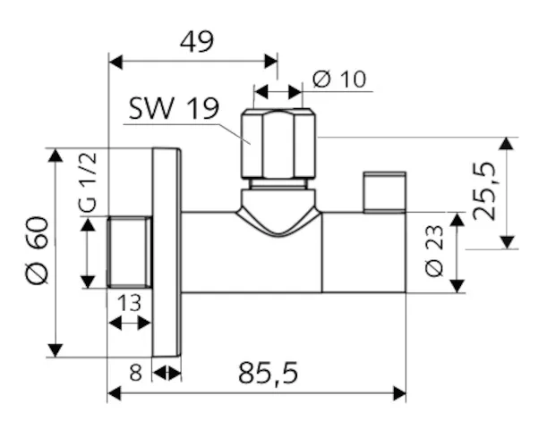 Design-Eckventil mit Regulierfunktion WING, Schubrosette Ø 60 mm, DN 15 G 1/2 AG, Ø 10 mm (DN 10 G 3/8 AG), chrom