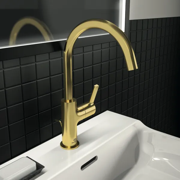 Waschtischarmatur Joy, mit hohem Auslauf, mit Ablaufgarnitur, Ausladung 169mm, Brushed Gold