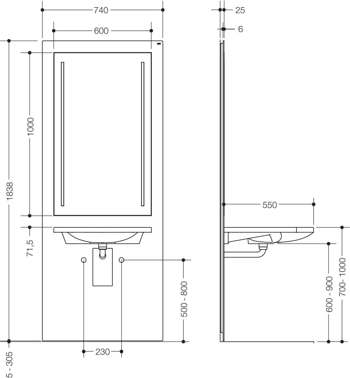 Waschtisch-Modul „S 50“ Set 74 × 183,8 cm