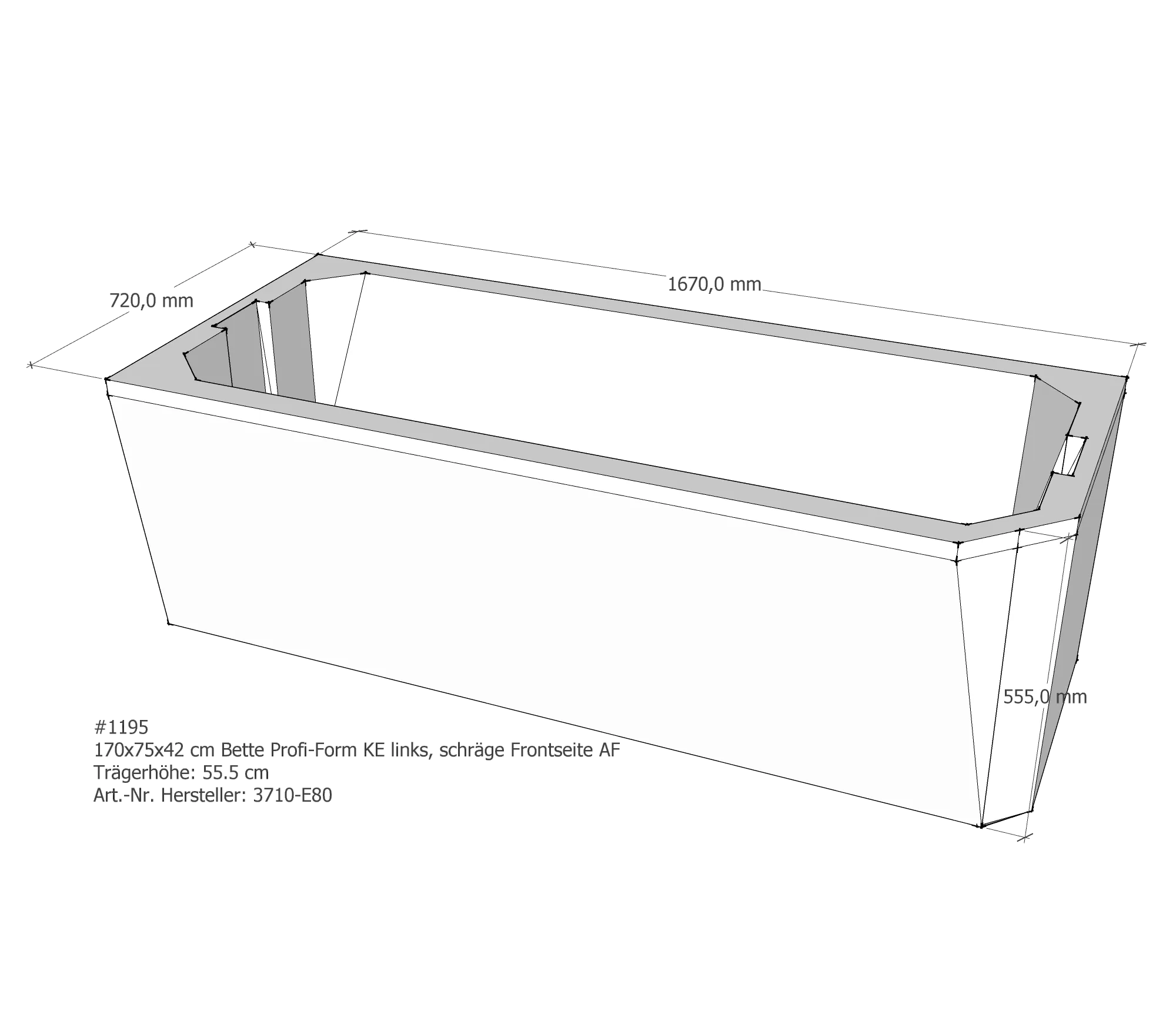 Badewannenträger für Bette Profi-Form KE links schräge Frontseite 170 × 75 × 42 cm
