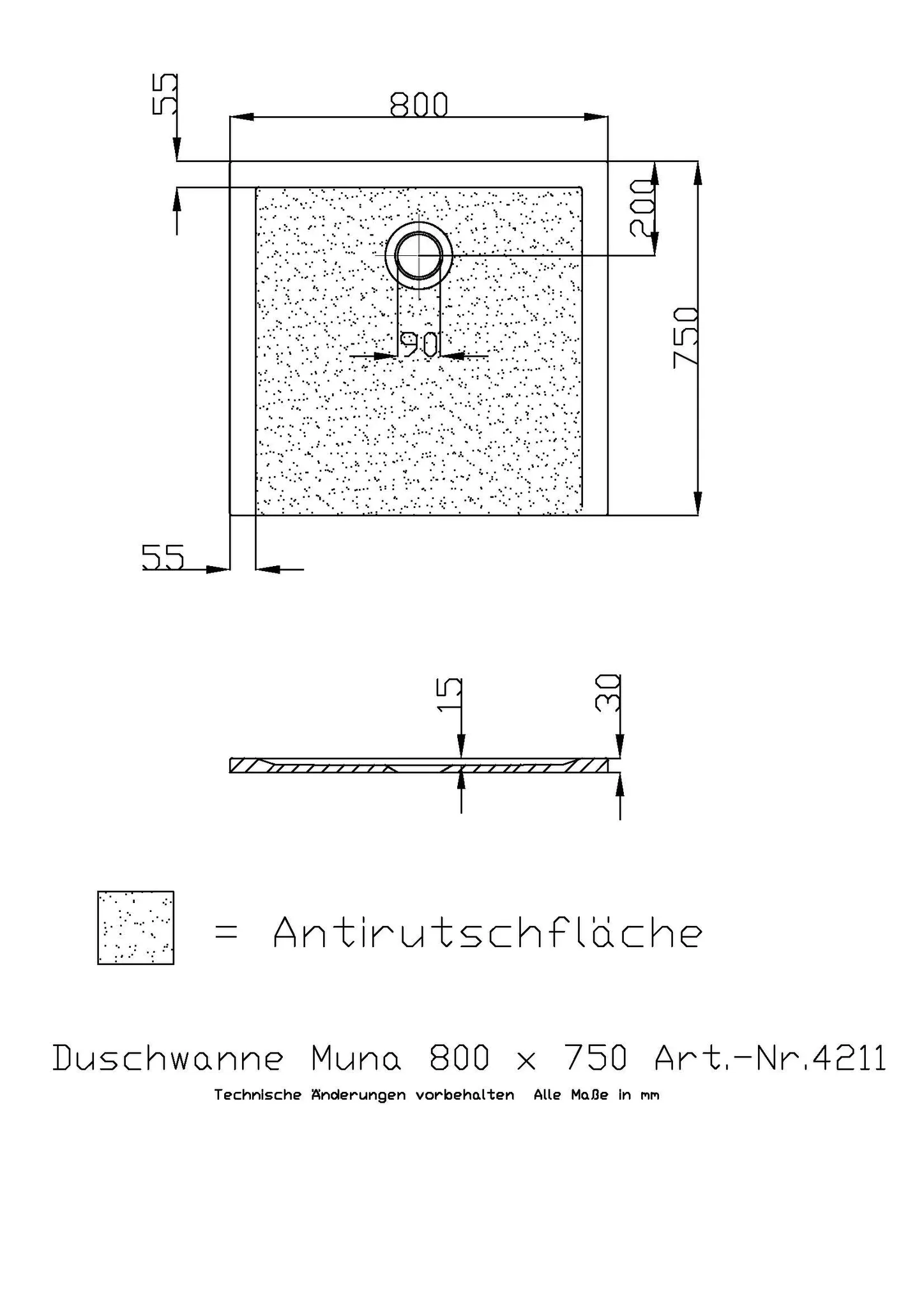 Hoesch Muna Duschwanne 800x750x30, Mineralguss Solique, Weiß