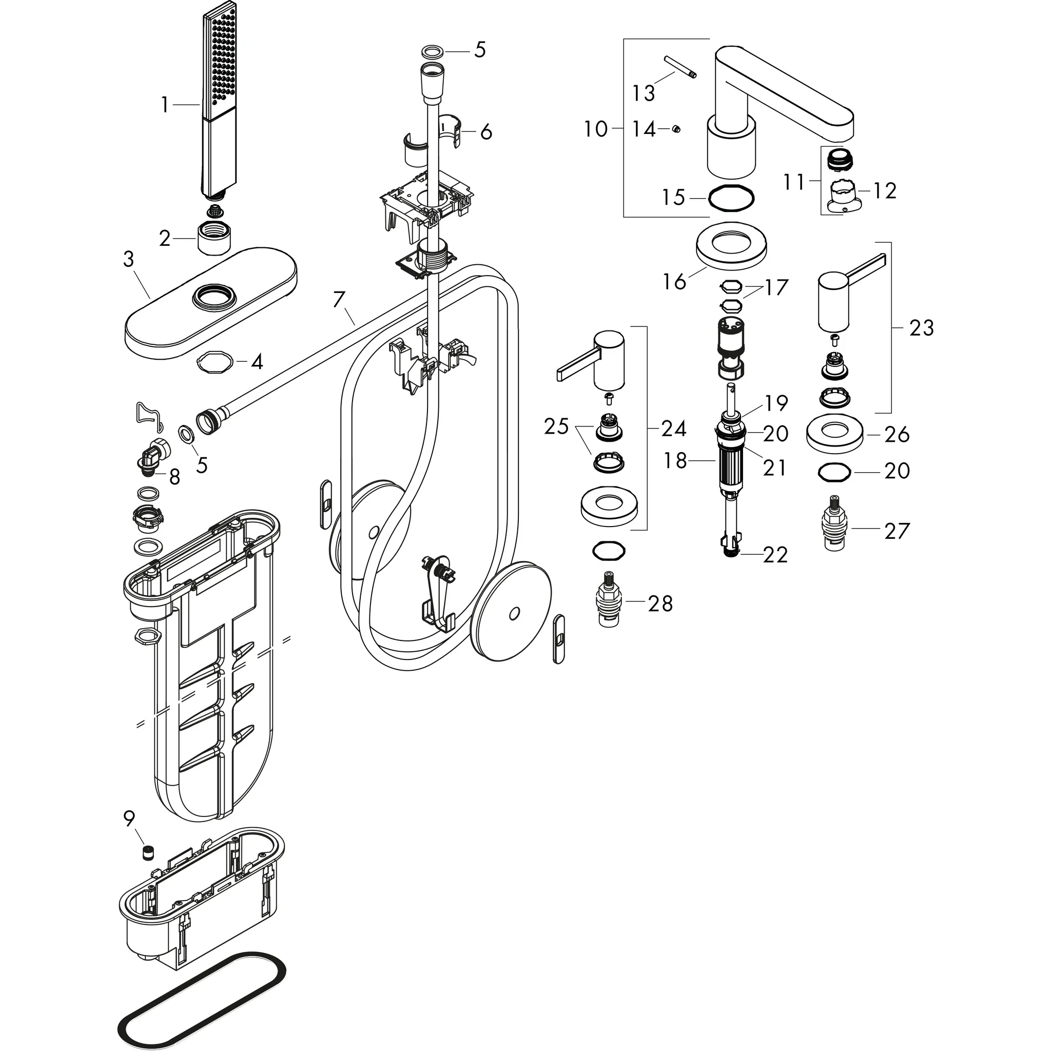 Hansgrohe Finoris 4-Loch Wannenrandarmatur Brushed Black Chrome, Ausladung 152 mm, PowderRain-Handbrause, max. Durchfluss 23,5 l/min