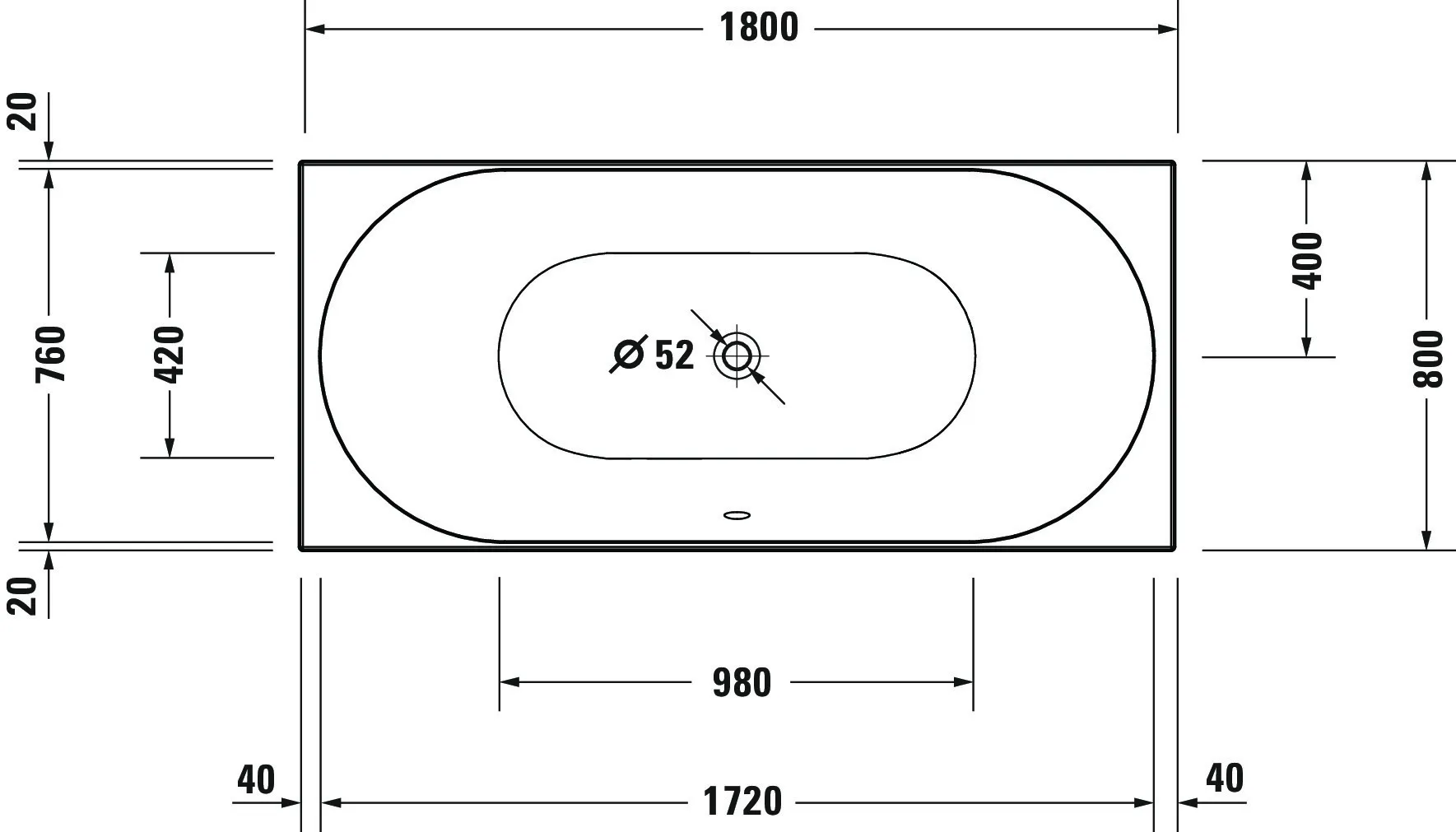 Duravit Whirlwanne „D-Neo“ rechteck 180 × 80 cm, Mittelablauf