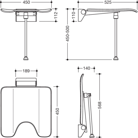 Klappsitz, System 900, Wandkonsole aus Edst., PVD, Sitzf. aus strukturiertem Kst. mit Hygieneausschnitt, schwarz, Sitzf. 450 mm breit, 450 mm tief, mit Bodenstütze für Sitzhöhe 450-500 mm, PVD, in Farbe CK (messing glänzend)