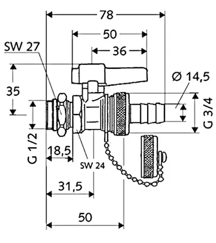 F + E-Kugelhahn mit Hebelgriff, Hebelgriff, Max. Betriebsdruck: 16 bar, DN 15 G 1/2 AG mit ASAG, Schlauchverschraubung Ø 14,5 mm (DN 20 G 3/4 AG), Messing