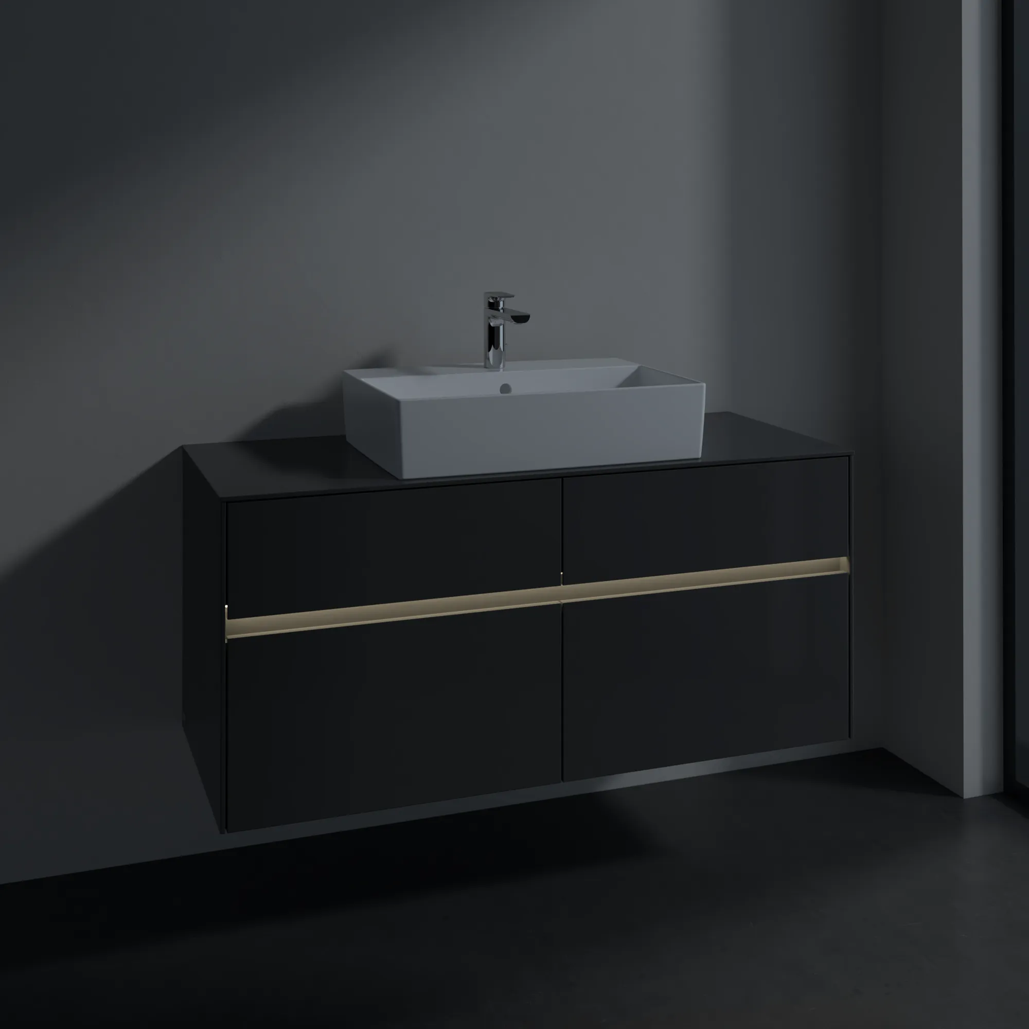 Villeroy & Boch Waschtischunterschrank „Collaro“ 1200 × 548 × 500 mm Glossy Grey, mit Beleuchtung, für Becken mittig