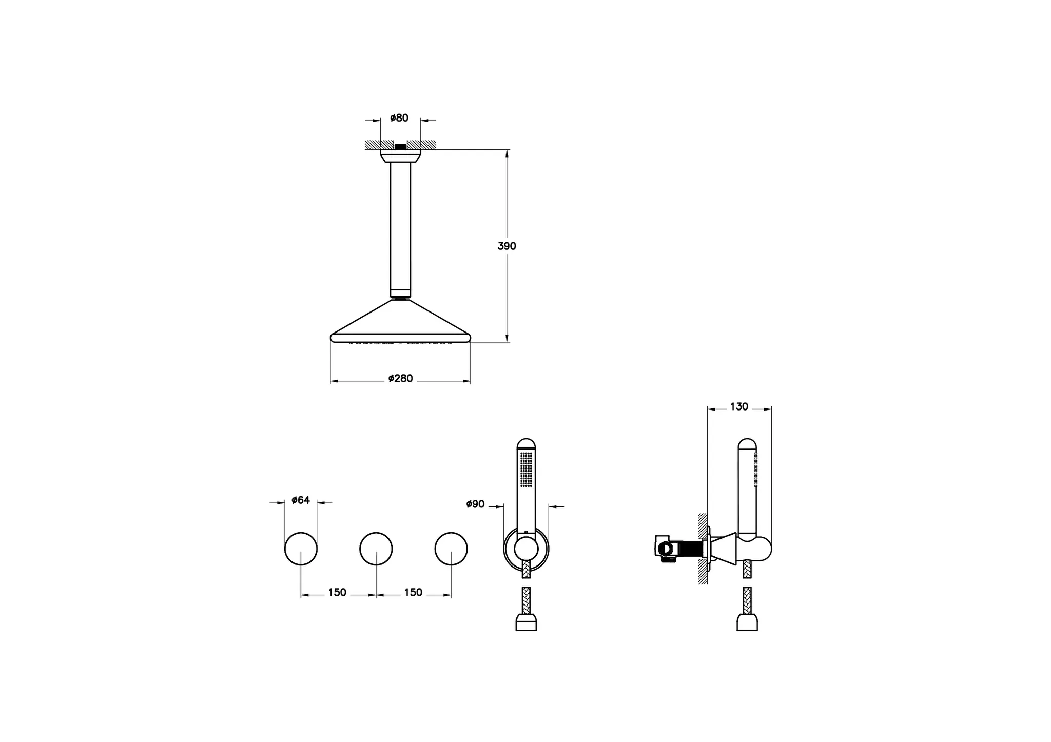 VitrA Liquid Duschsystem mit Duschkopf und Handbrause Wand-/Deckenmontage Schwarz Hochglanz