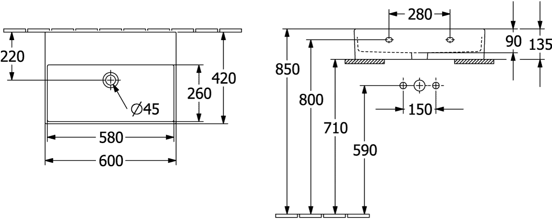 Villeroy & Boch Wandwaschtisch aus TitanCeram geschliffen „Memento 2.0“ 600 × 420 × 135 mm, ohne Hahnlochbohrung in Weiß Alpin Villeroy & Boch Wandwaschtisch aus TitanCeram geschliffen „Memento 2.0“ 600 × 420 × 135 mm, ohne Hahnlochbohrung in Weiß Alpin