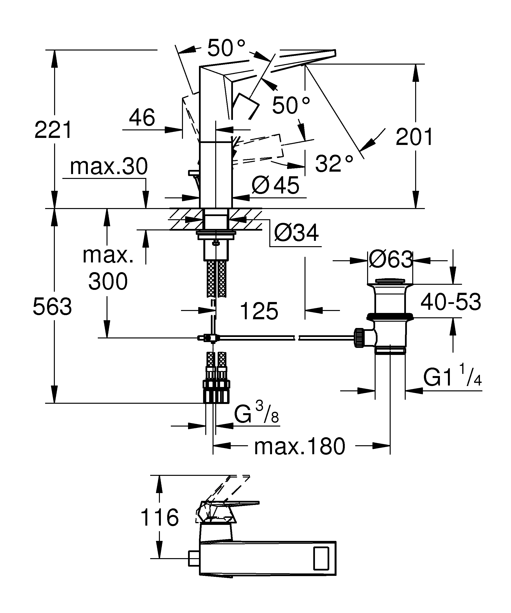 Einhand-Waschtischbatterie Allure Brilliant 24344, L-Size, Einlochmontage, Zugstangen-Ablaufgarnitur 1 1/4'', chrom