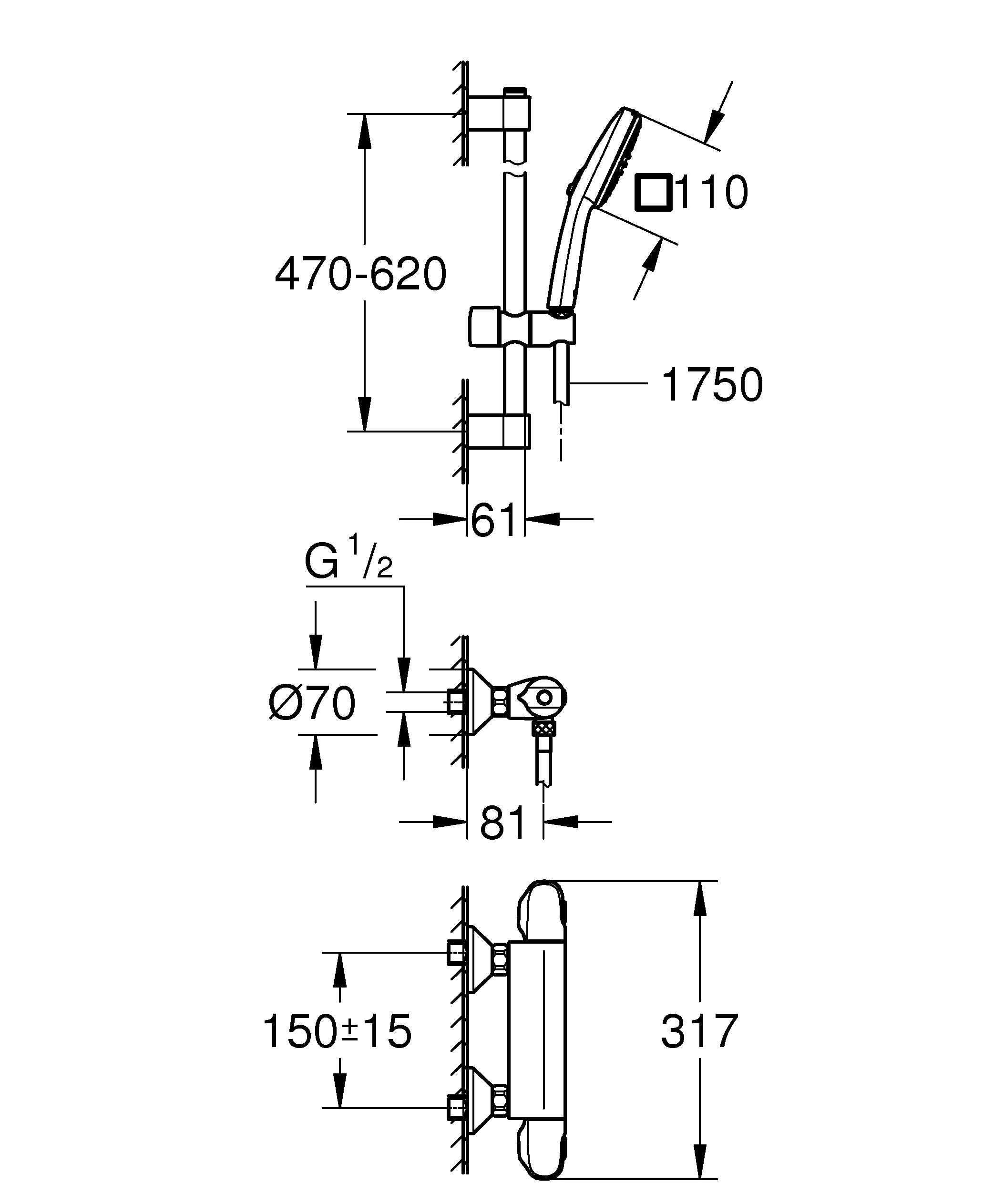 Thermostat-Brausebatterie Grohtherm 1000 34820_5, mit Tempesta Brausestangenset 600mm, 2 Strahlarten: Rain/Jet, chrom