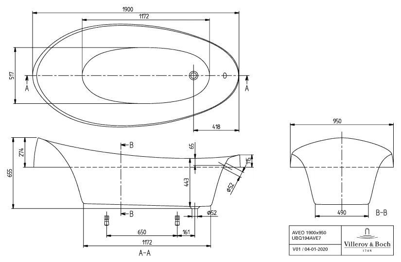 Villeroy & Boch Badewanne „Aveo“ oval 190 × 95 cm, Fußablauf in Weiß Alpin