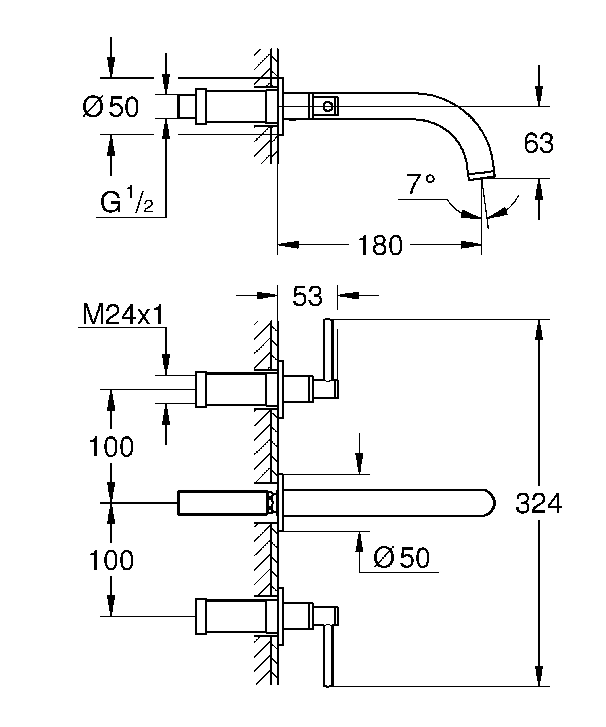 3-Loch-Waschtisch-Batterie Atrio 20662, Wandmontage, Fertigmontageset für 29 025 002, mit Hebelgriffen, Ausladung 180 mm, chrom