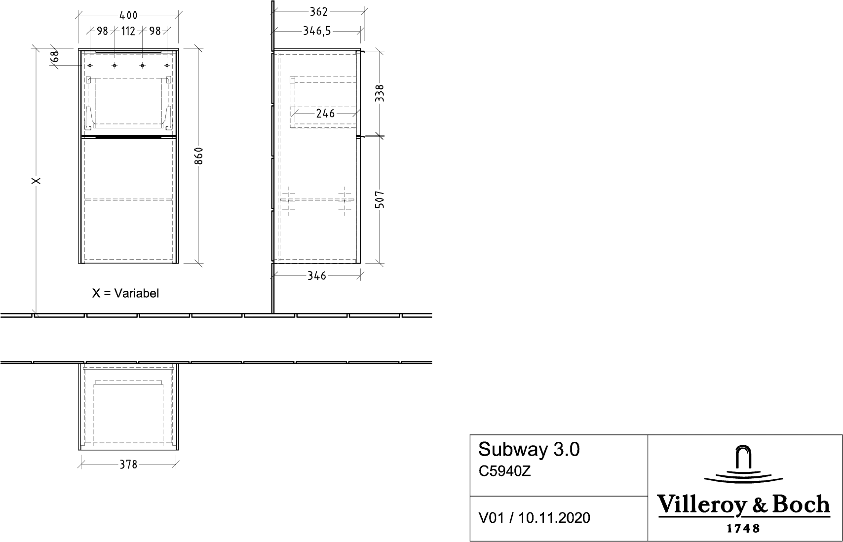 Villeroy & Boch Seitenschrank „Subway 3.0“ 40 × 86 × 36,2 × 36,2 cm 1 Auszug, 1 Tür, Anschlag (Scharnier) links, 1 Tür, Anschlag links