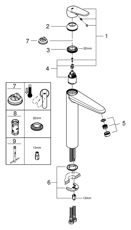 Einhand-Waschtischbatterie Eurodisc Cosmopolitan 23432, XL-Size, Einlochmontage, für freistehende Waschschüsseln, glatter Körper, chrom