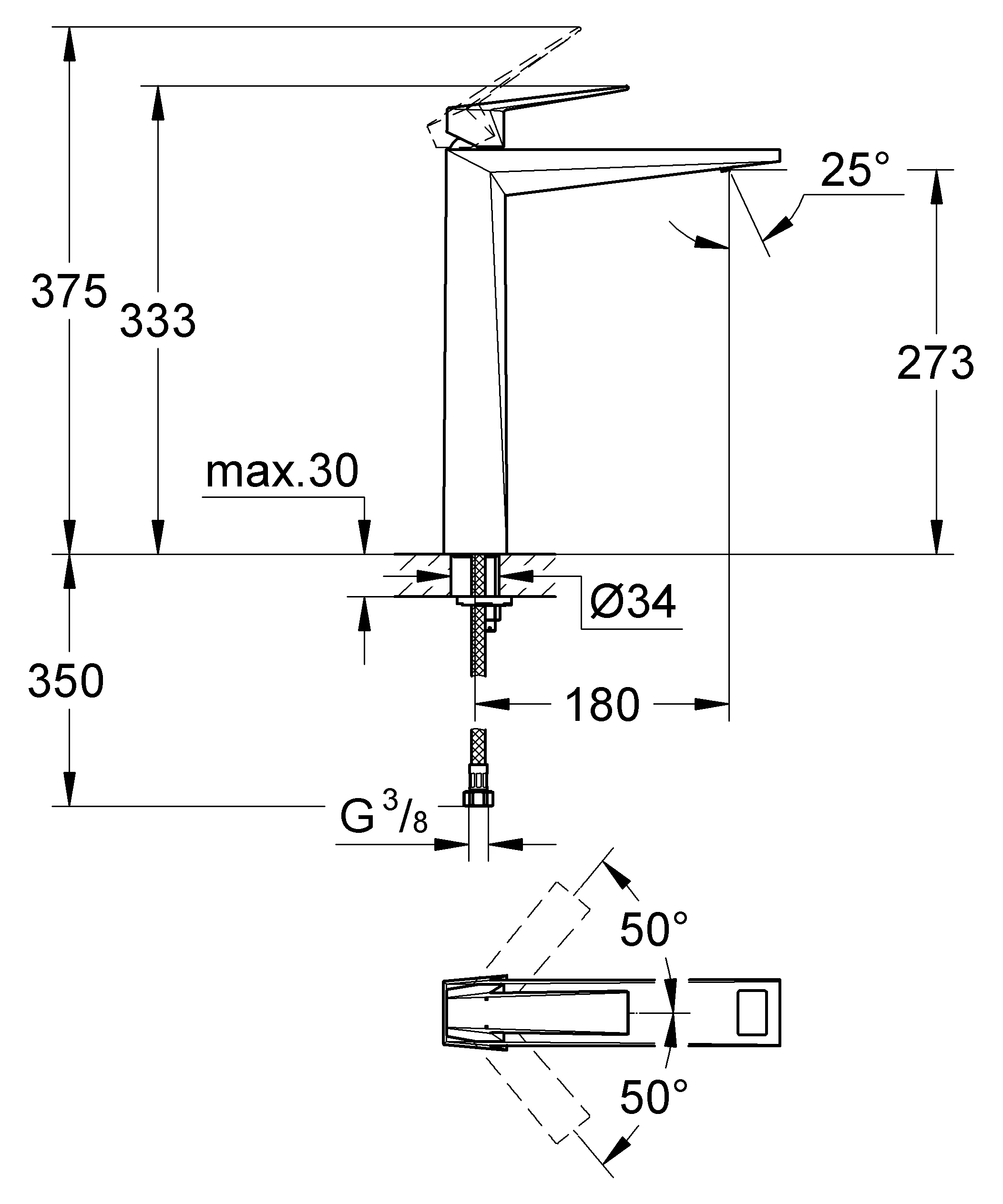 Einhand-Waschtischbatterie Allure Brilliant 24346, XL-Size, Einlochmontage, glatter Körper, chrom