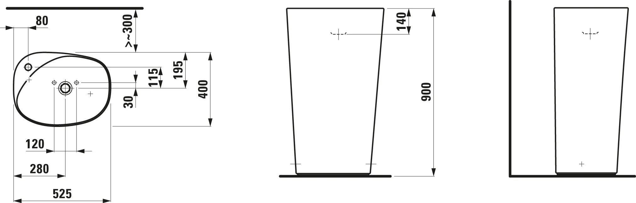 Waschtisch freistehend PALOMBA 400x525x900 1 Hahnloch ohne Überlauf weiß