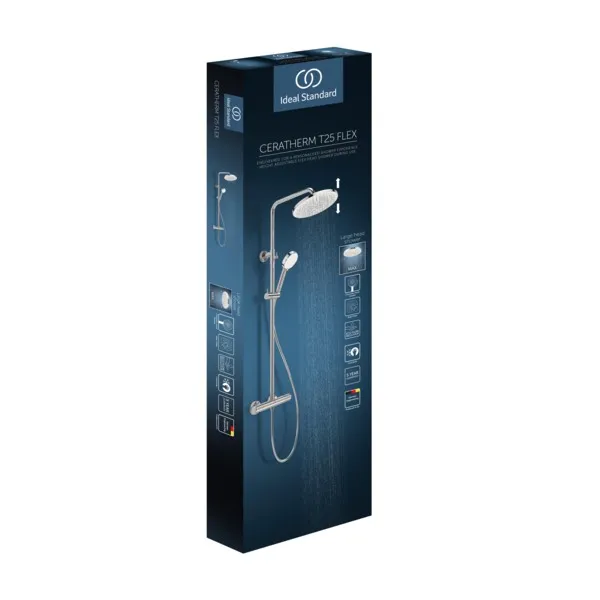 Ideal Standard Duschsystem Ceratherm T25 N, Chrom, DN 15, 2-Funktions-Handbrause und -Kopfbrause mit Thermostat, verstellbare Brausestange, Idealflex-Schlauch 1750 mm
