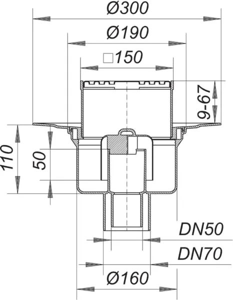 Bodenablauf 61 HT/KE, DN 50/DN 70, 150 x 150 mm