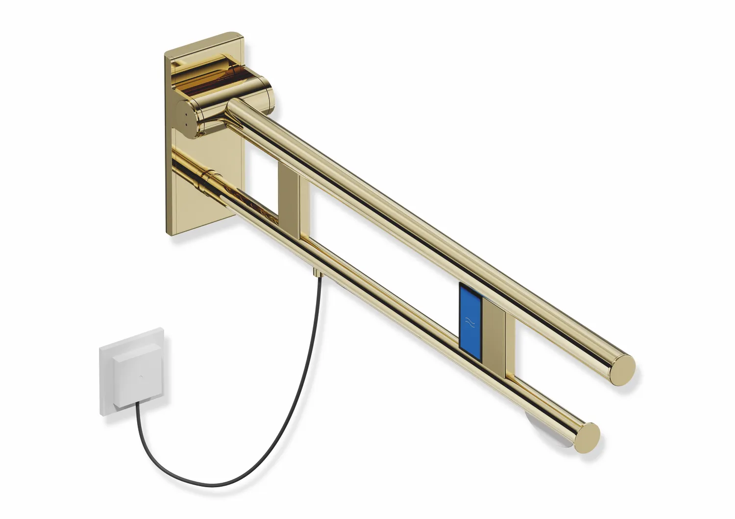 Stützklappgriff Duo, Design A des Systems 900, Edelstahl, PVD, Ausladung 750 mm, mit WC-Papierhalter und Spülauslösung (E-Ausführung), Ausführung links, in Farbe CK (Messing glänzend)