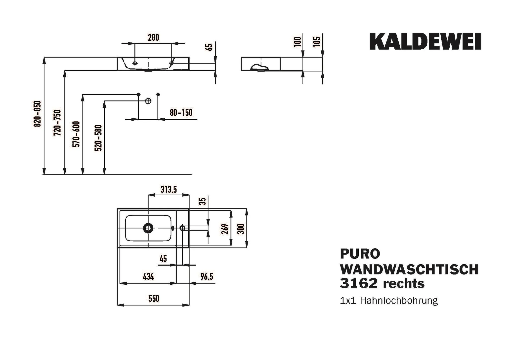 KALDEWEI PURO WAND-HANDWASCHTISCH, Modell-Nr: 3162, 550x300mm, alpinweiß, Perl-Effekt, Antidröhn, ohne Überlauf KALDEWEI PURO WAND-HANDWASCHTISCH, Modell-Nr: 3162, 550x300mm, alpinweiß, Perl-Effekt, Antidröhn, ohne Überlauf