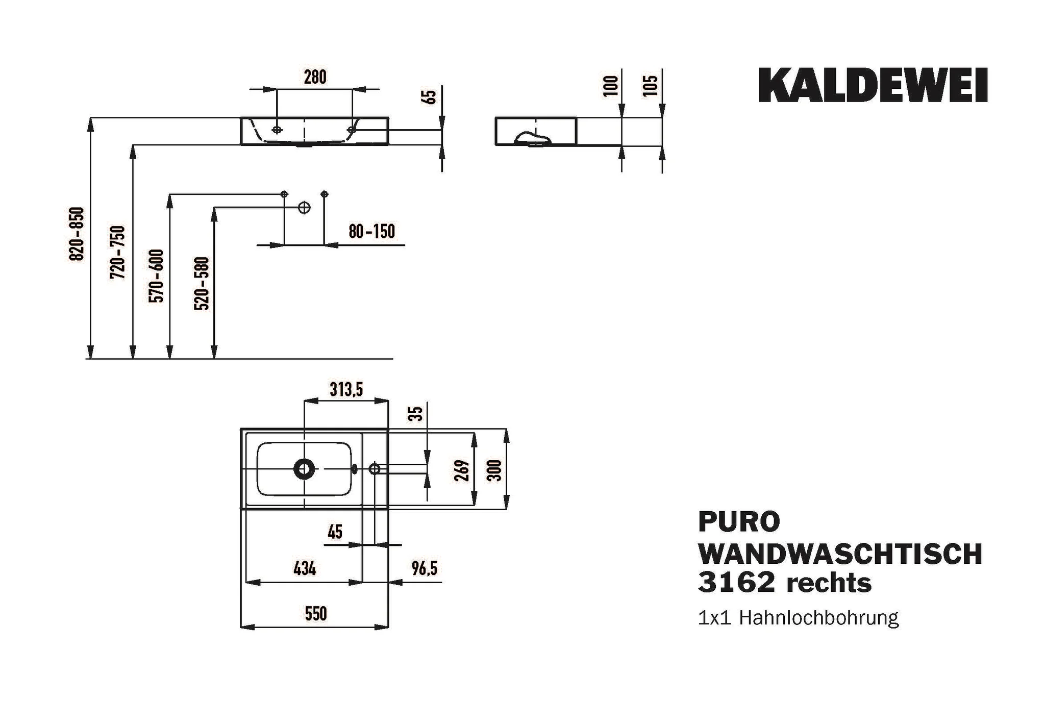 Kaldewei PURO Wand-Handwaschtisch, alpinweiß, 550x300 mm, 100 mm Randhöhe, ohne Überlauf, 1er Hahnlochbohrung rechts