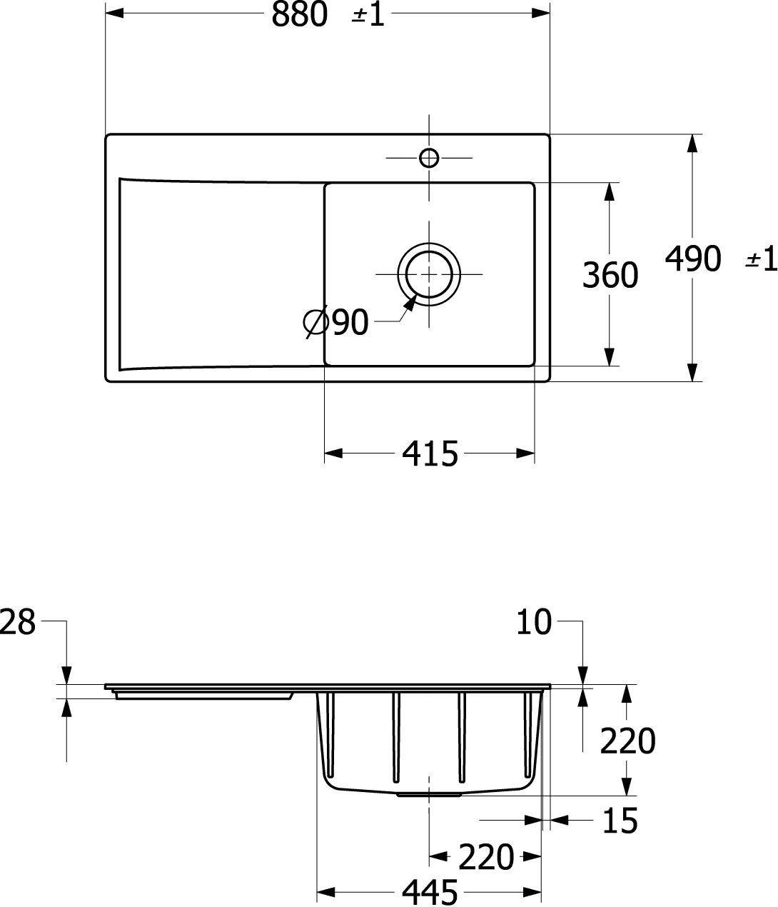 Villeroy & Boch Subway Style 50 Flat 33511F, flächenbündige Spüle, 880x490 mm